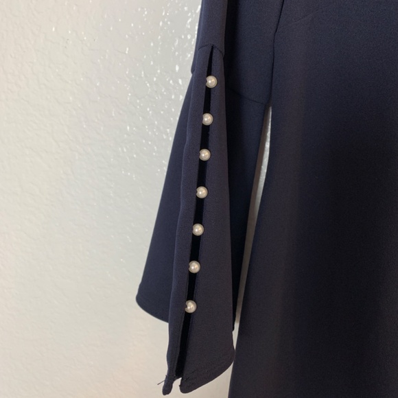 Calvin Klein Navy Blue Sheath Dress Size 10 Faux Pearl Detail Bell Sleeve Career - Picture 5 of 14